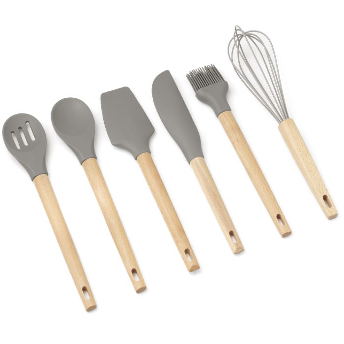 Forest Set 6 utensili pasticceria in silicone con manico in legno di faggio (2 spatole, 2 cucchiai, frusta e pennello)